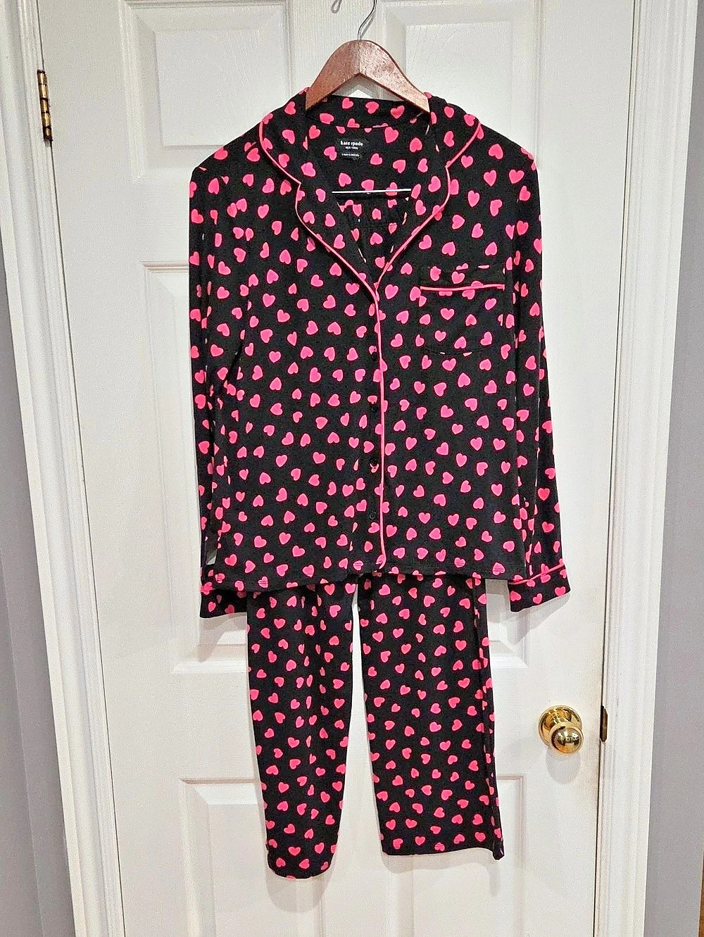 Kate Spade New York Heart Print Long Sleeve Pajama Set Pajama Set Black & Pink S